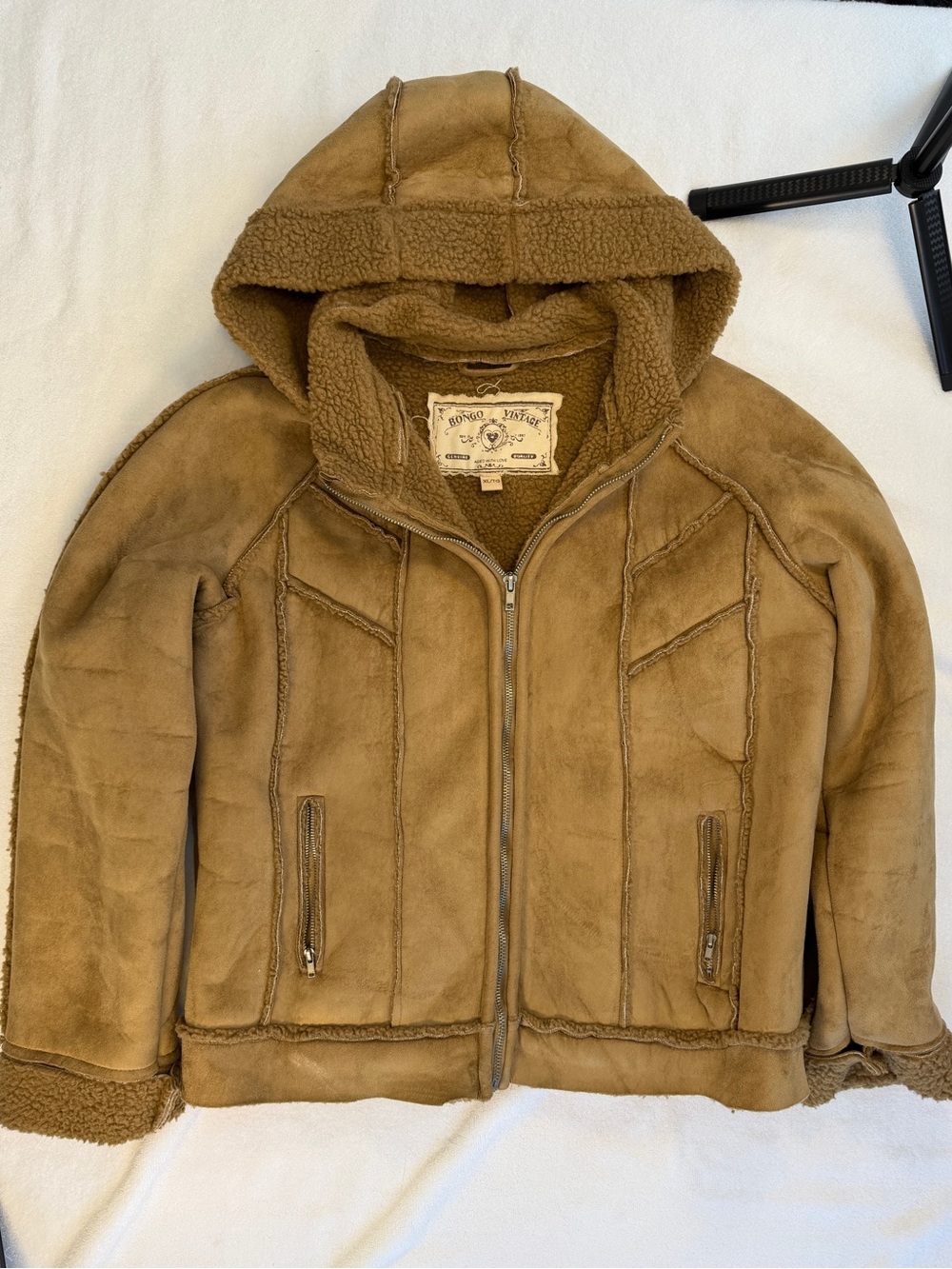 Y2K Bongo Faux Suede Sherpa Hooded Jacket Women’s XL Brown Shearling Zip Up